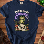Grim reaper frog sits on a skull with text "EVERYBODY CROAKS" above.