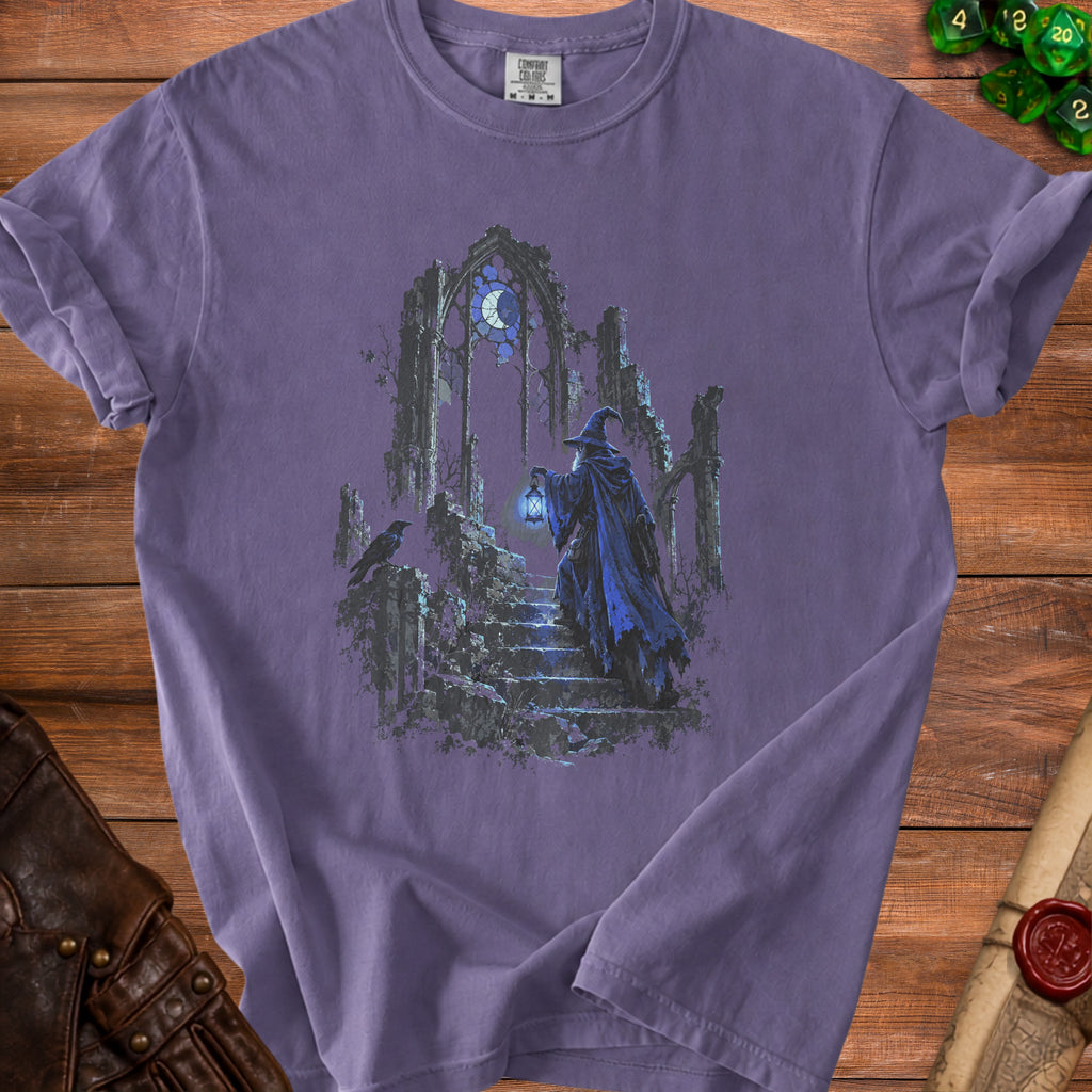 Wizard in a blue robe holding a lantern ascending stone stairs near ruins.