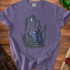 Wizard in a blue robe holding a lantern ascending stone stairs near ruins.