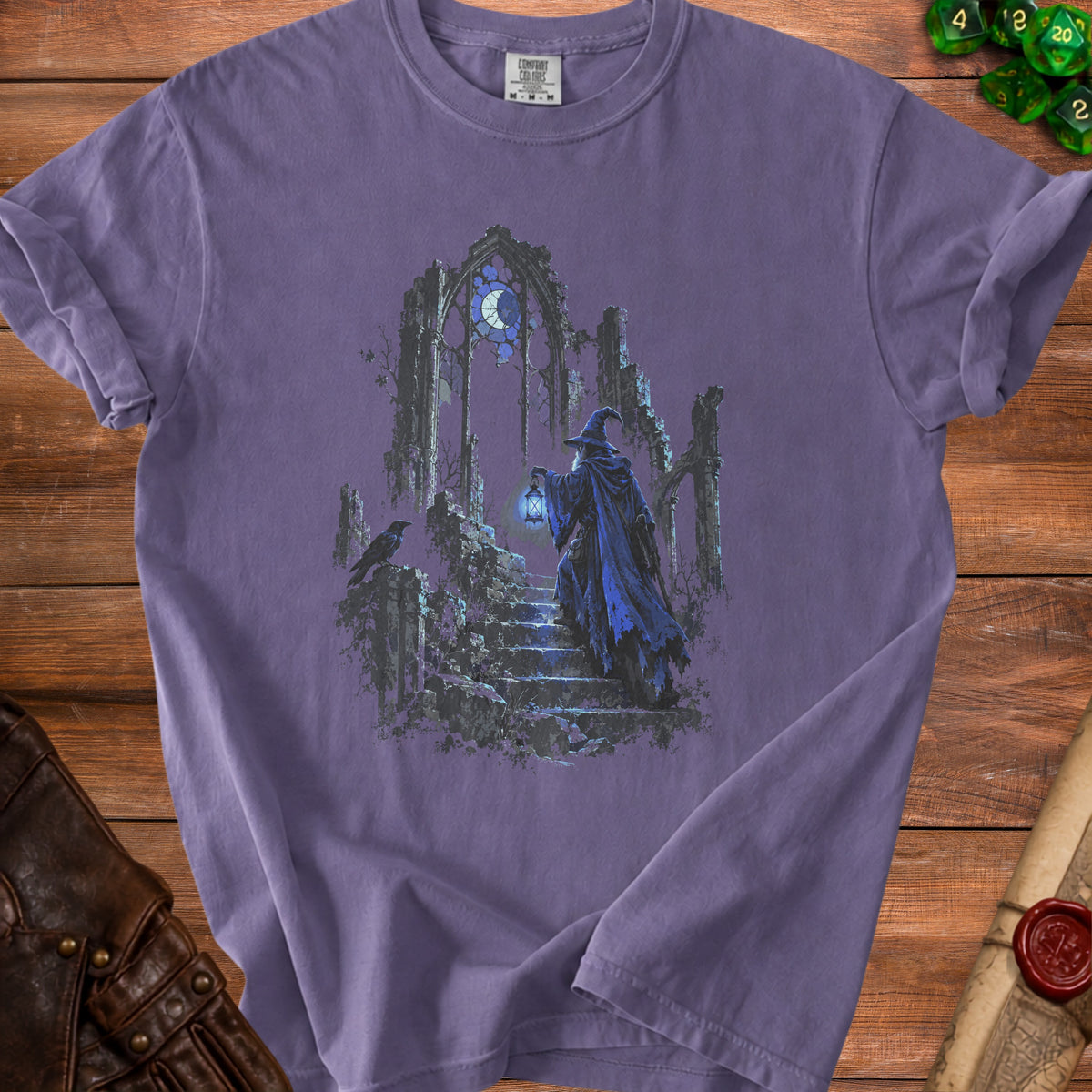 Wizard in a blue robe holding a lantern ascending stone stairs near ruins.