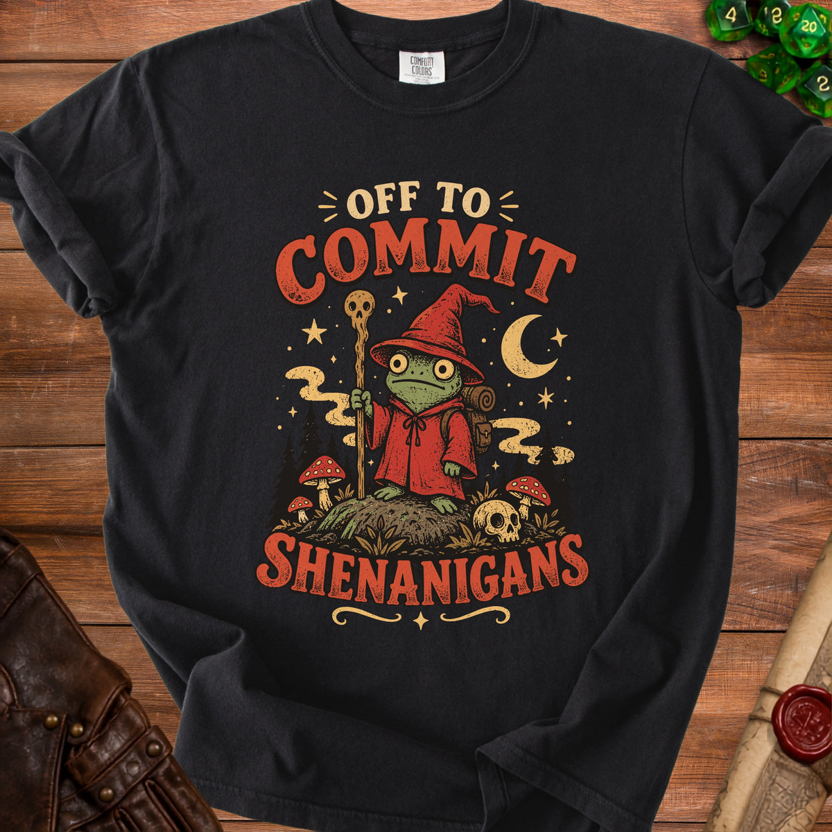 Black t-shirt with "Off to Commit Shenanigans" and a frog wizard graphic.