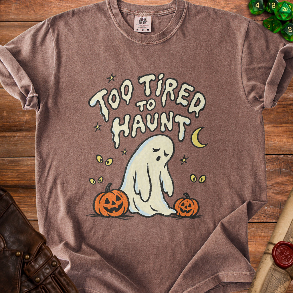 Brown t-shirt with a ghost, pumpkins, and "Too Tired to Haunt" text.