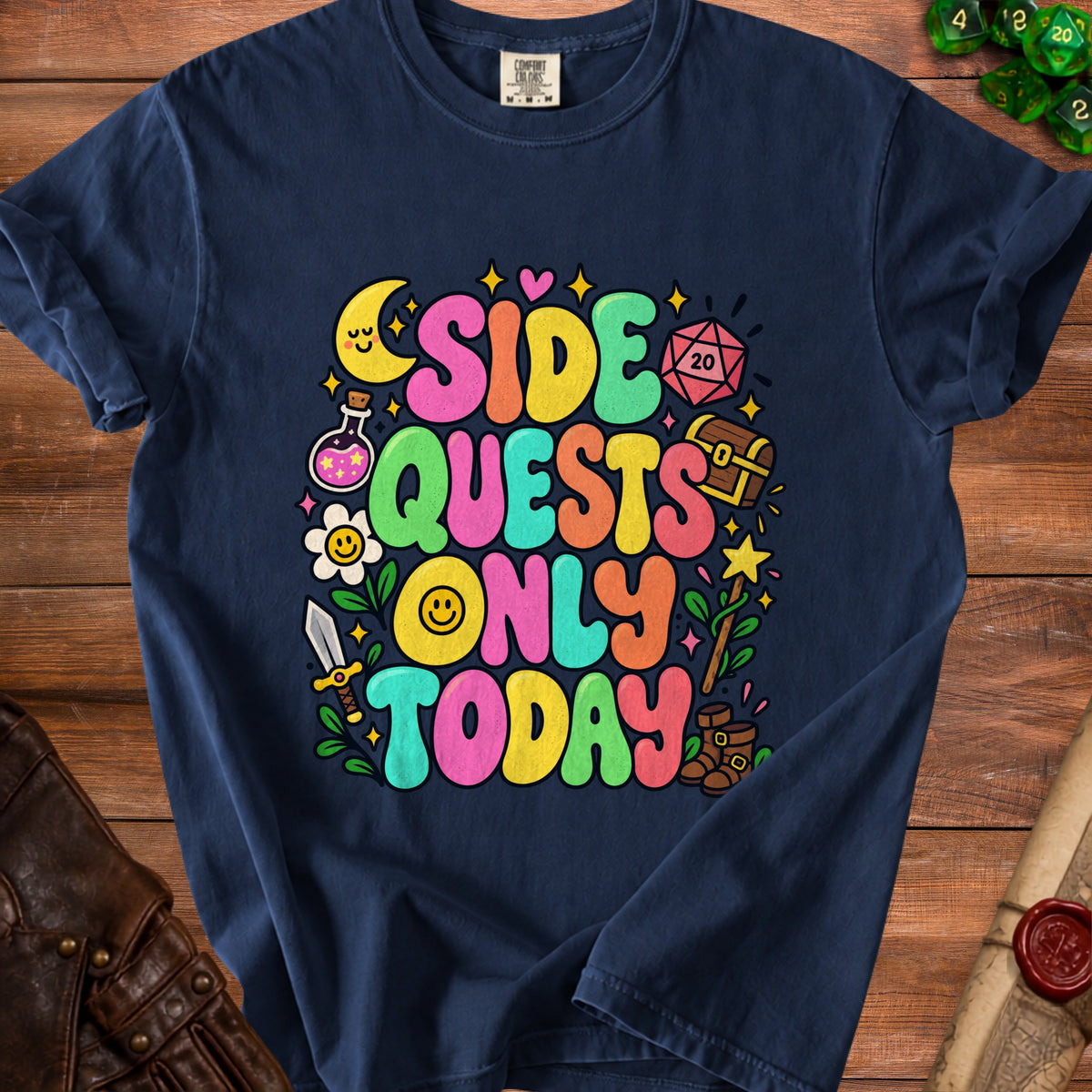 Navy t-shirt with colorful "SIDE QUESTS ONLY TODAY" text and gaming icons.