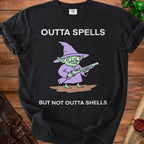 Black t-shirt with "Outta Spells But Not Outta Shells" text and cartoon goblin illustration.