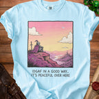 Knight sitting on cliff overlooking castle with text "IDGAF IN A GOOD WAY.. IT'S PEACEFUL OVER HERE".