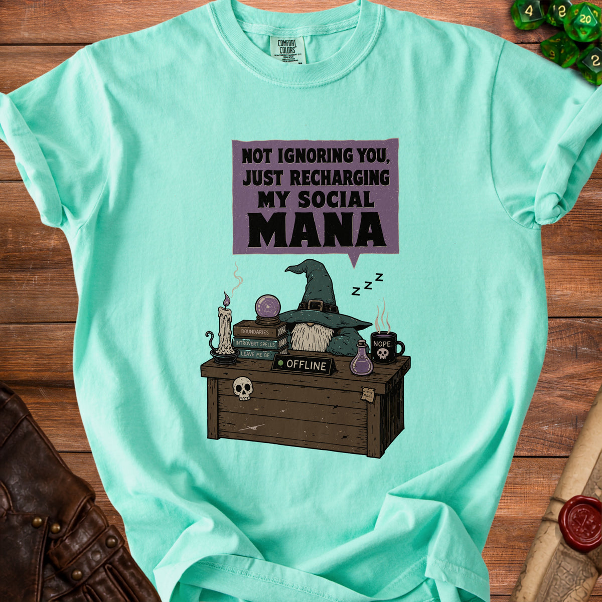 Aqua t-shirt with gnome graphic and text "Not ignoring you, just recharging my social mana".