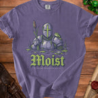 Purple t-shirt featuring knight in armor with frog and text "Moist" and "Bog Knight Social Club".