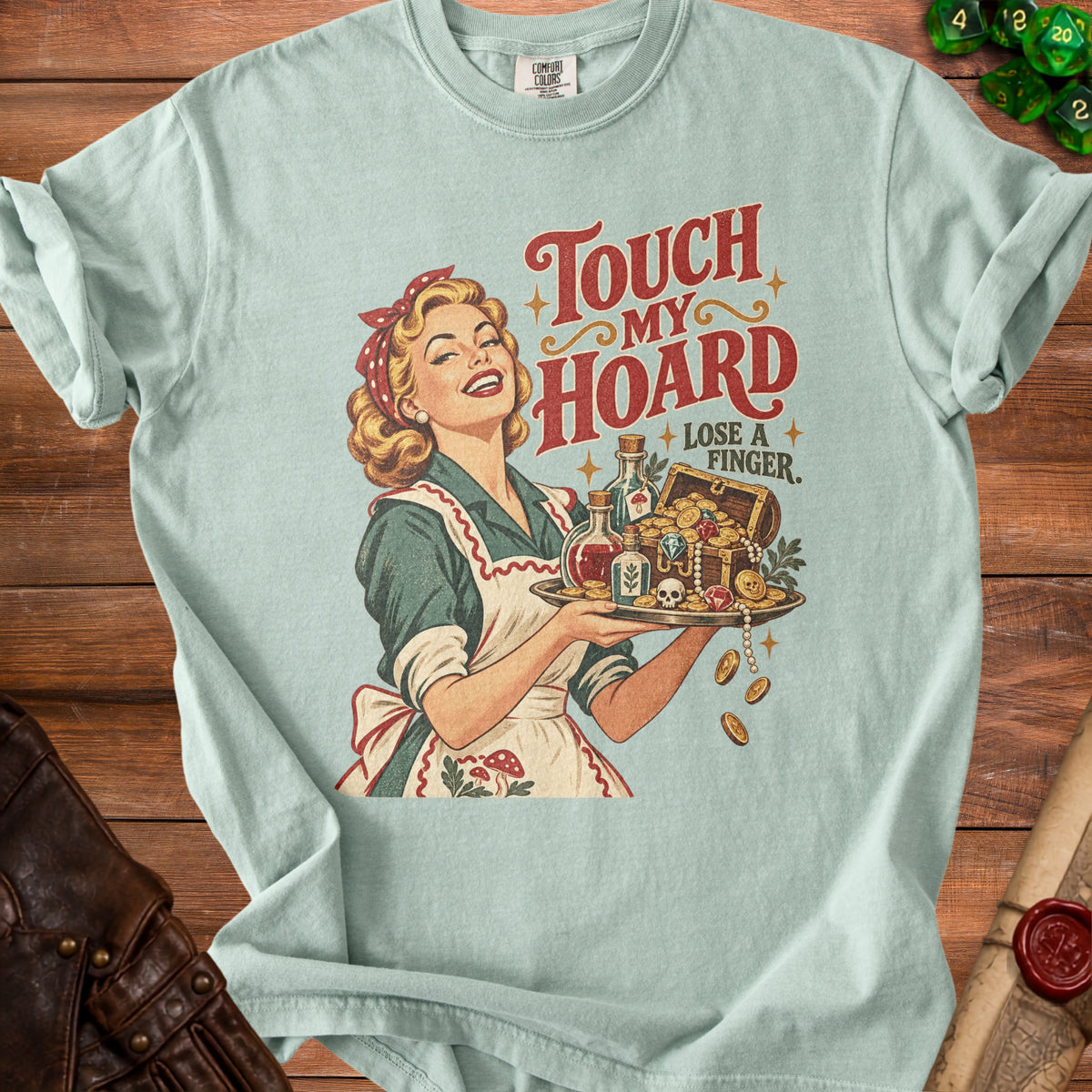 Vintage woman presents a tray with "Touch My Hoard Lose a Finger" text.