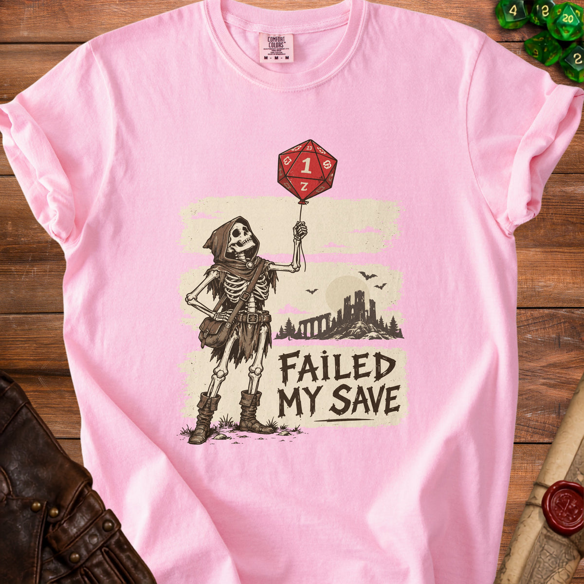 Skeleton holding a d20 balloon with text "FAILED MY SAVE" and a castle.