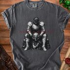 Dark grey t-shirt with distressed knight illustration and red text "NEED A MINUTE".