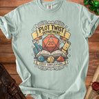 Light blue t-shirt with "Plot Twist Department" and "Expect Complications" graphic.