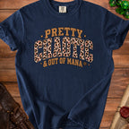 Navy t-shirt with "Pretty Chaotic & Out of Mana" text in leopard print.
