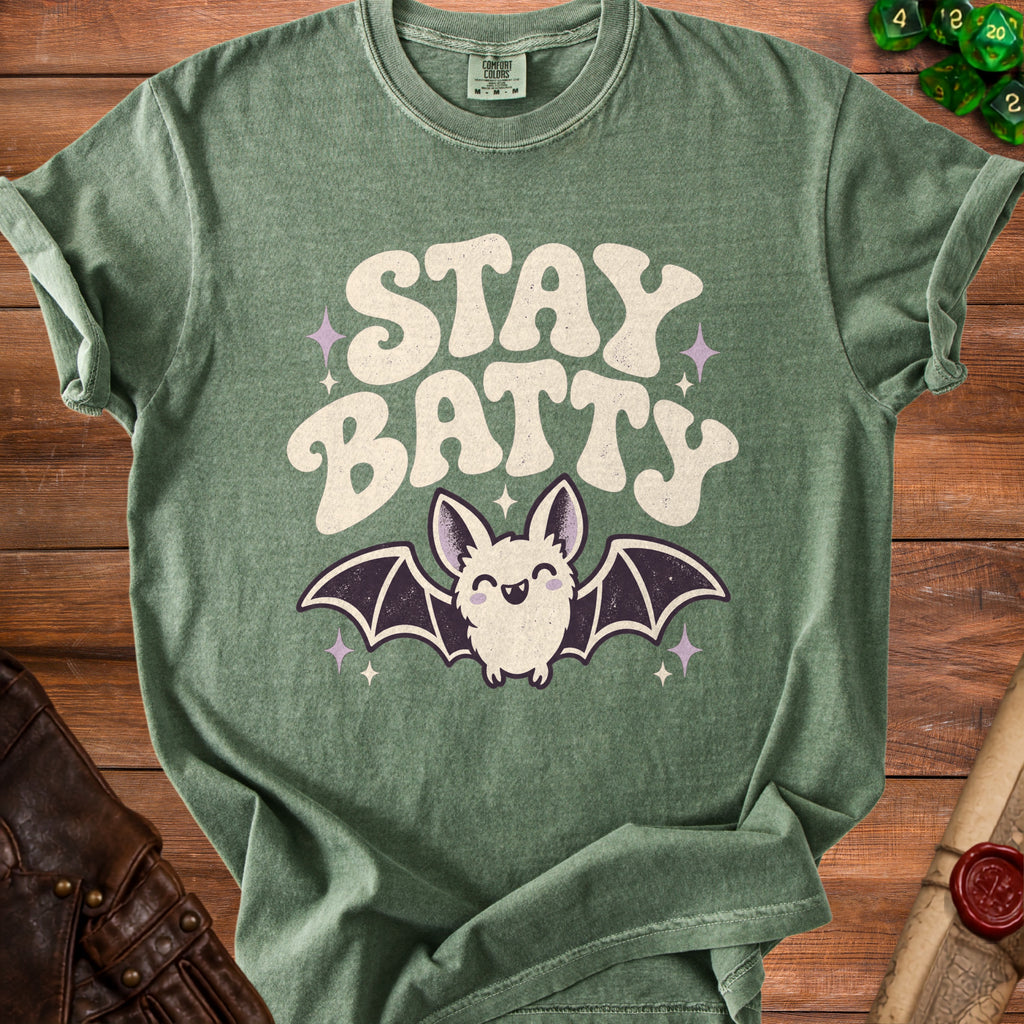 Green t-shirt with "STAY BATTY" text and a cute bat graphic.