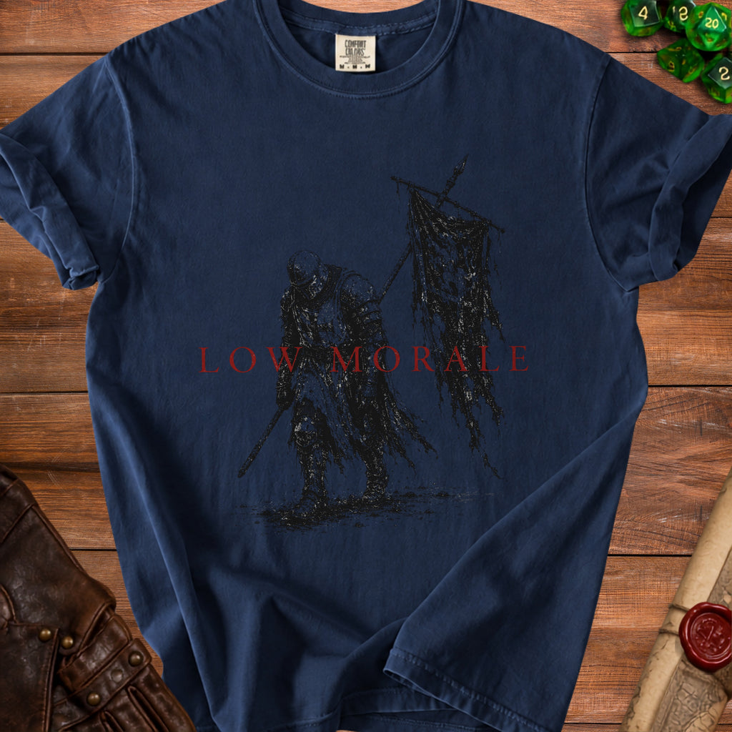 Navy t-shirt with a distressed knight holding a tattered flag and the text "LOW MORALE".