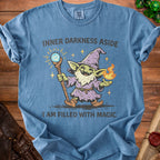 Blue t-shirt with a goblin wizard graphic and text "INNER DARKNESS ASIDE I AM FILLED WITH MAGIC".