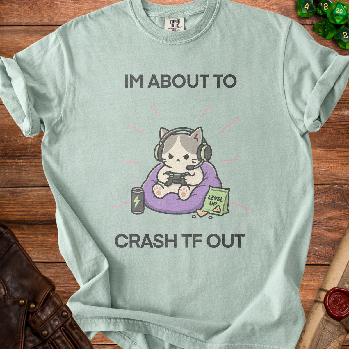 Light blue t-shirt with a gaming cat graphic and text "IM ABOUT TO CRASH TF OUT".