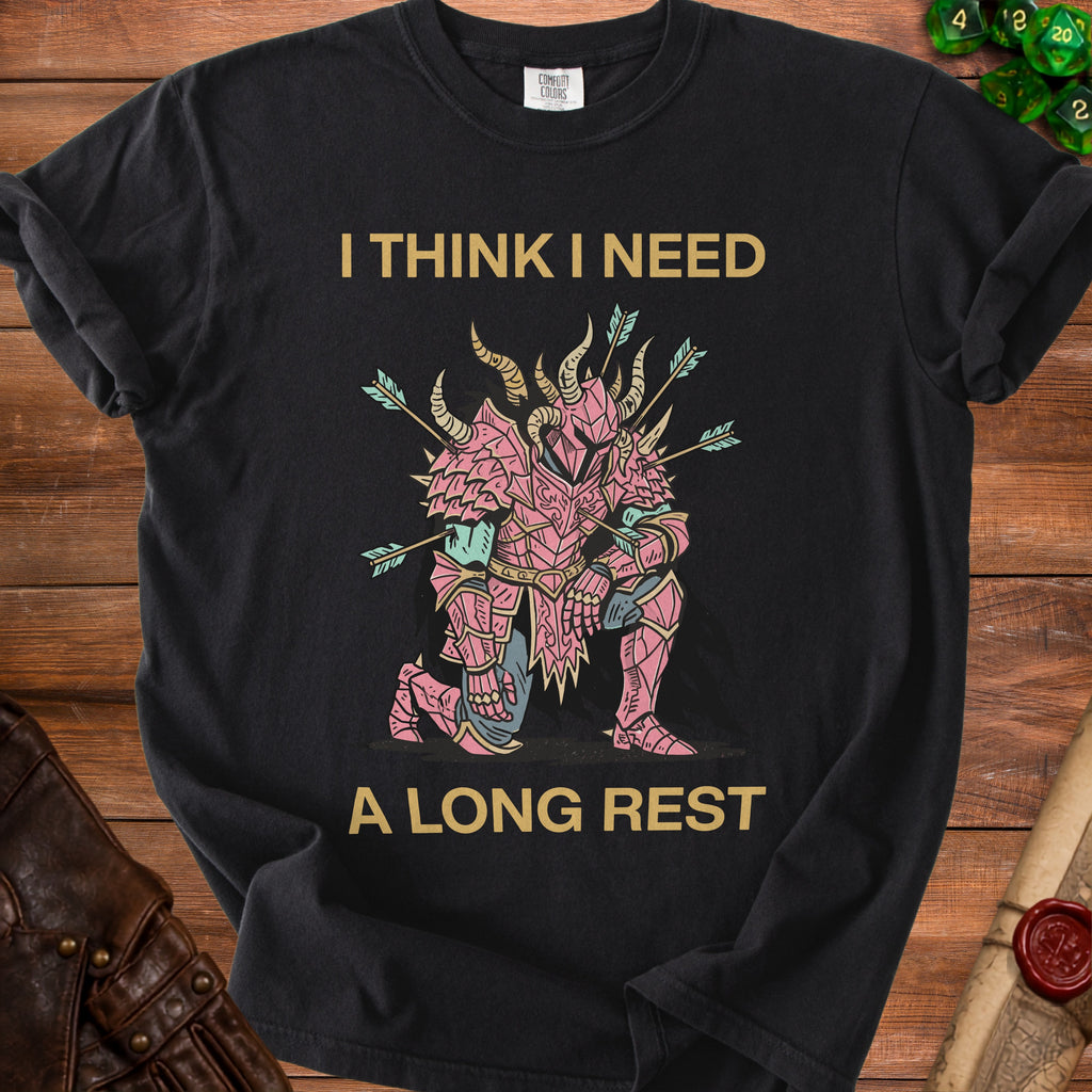 Black t-shirt with pink knight graphic and text "I THINK I NEED A LONG REST".
