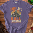 Purple t-shirt with knight graphic and text "Talk Less Roll Initiative".