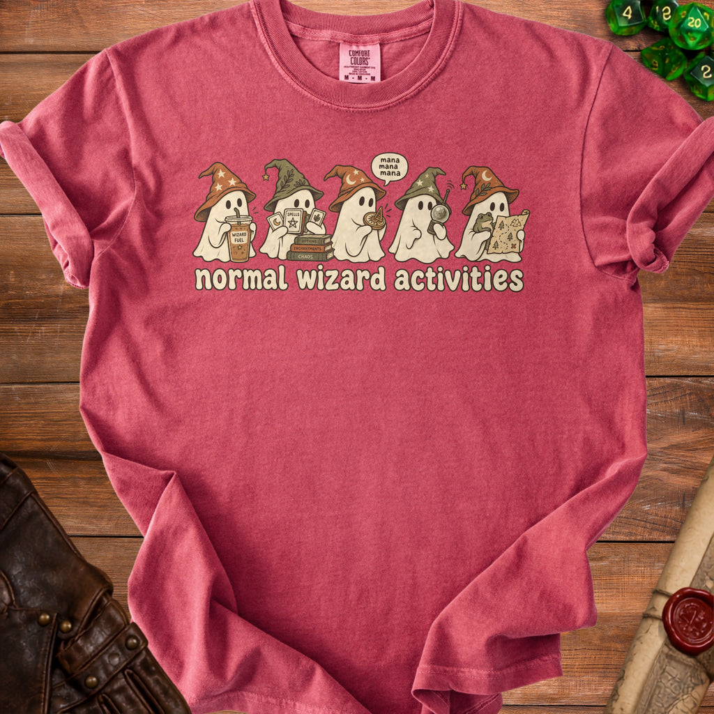 T-shirt with ghosts reading books and a map, text "normal wizard activities".