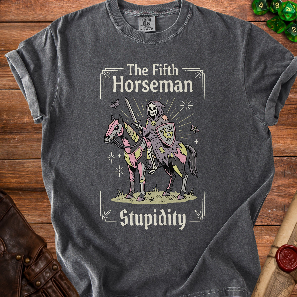 Grim reaper on horseback with text "The Fifth Horseman Stupidity"