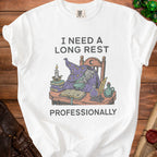 White t-shirt with wizard text "I need a long rest professionally".
