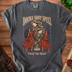 T-shirt with "Double Shot Spell" and two women holding coffee cups.