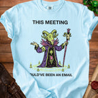 Light blue t-shirt with goat wizard graphic and text "THIS MEETING OULD'VE BEEN AN EMAIL".