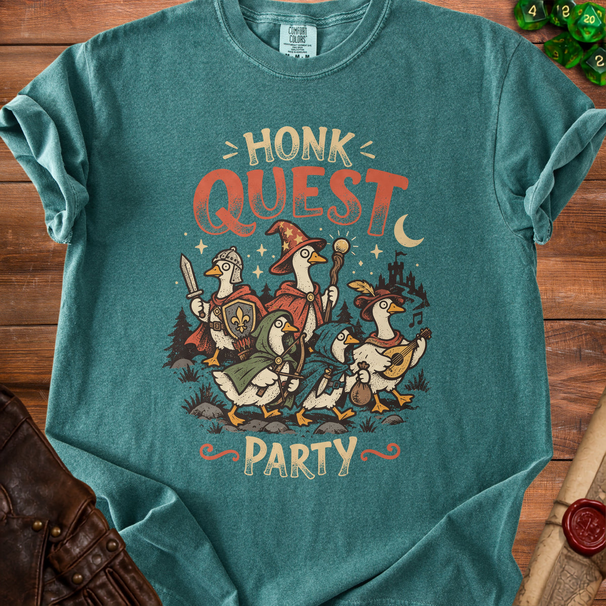 T-shirt with "Honk Quest Party" text and cartoon geese in fantasy costumes.