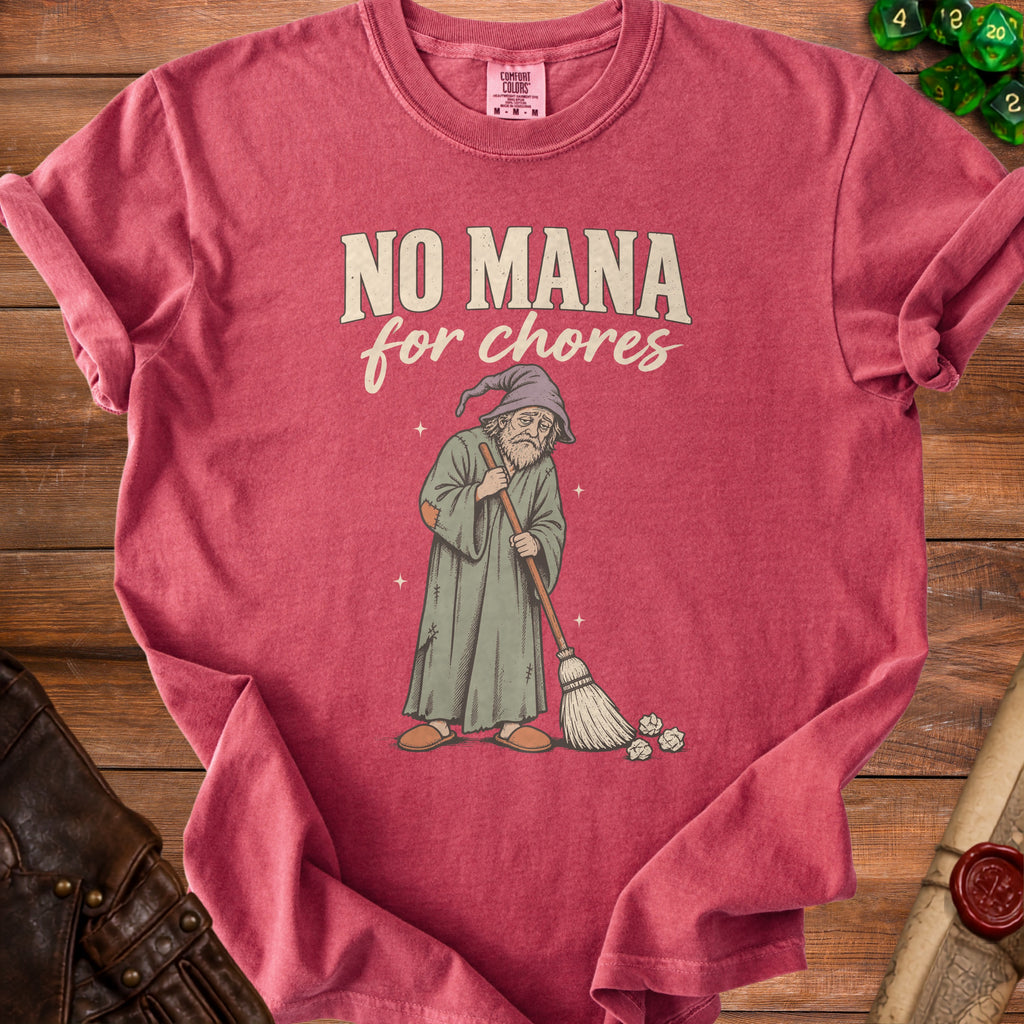 Red t-shirt with "NO MANA for chores" text and wizard sweeping.
