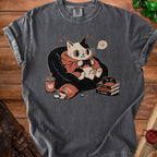 T-shirt graphic of a cat playing video games with chips and drink, text "Level Up".