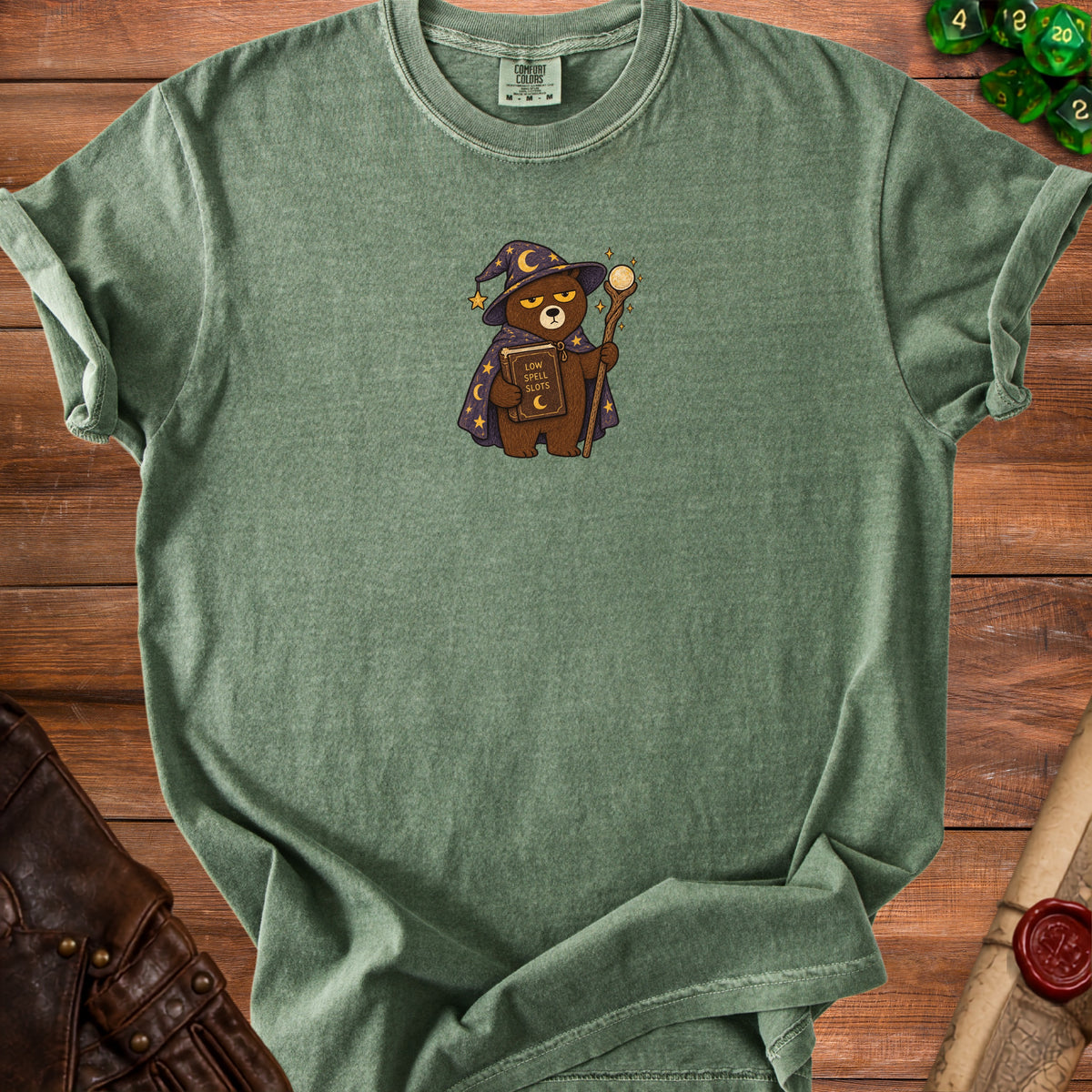 Green t-shirt with wizard bear graphic holding a book titled "Low Spell Slots".