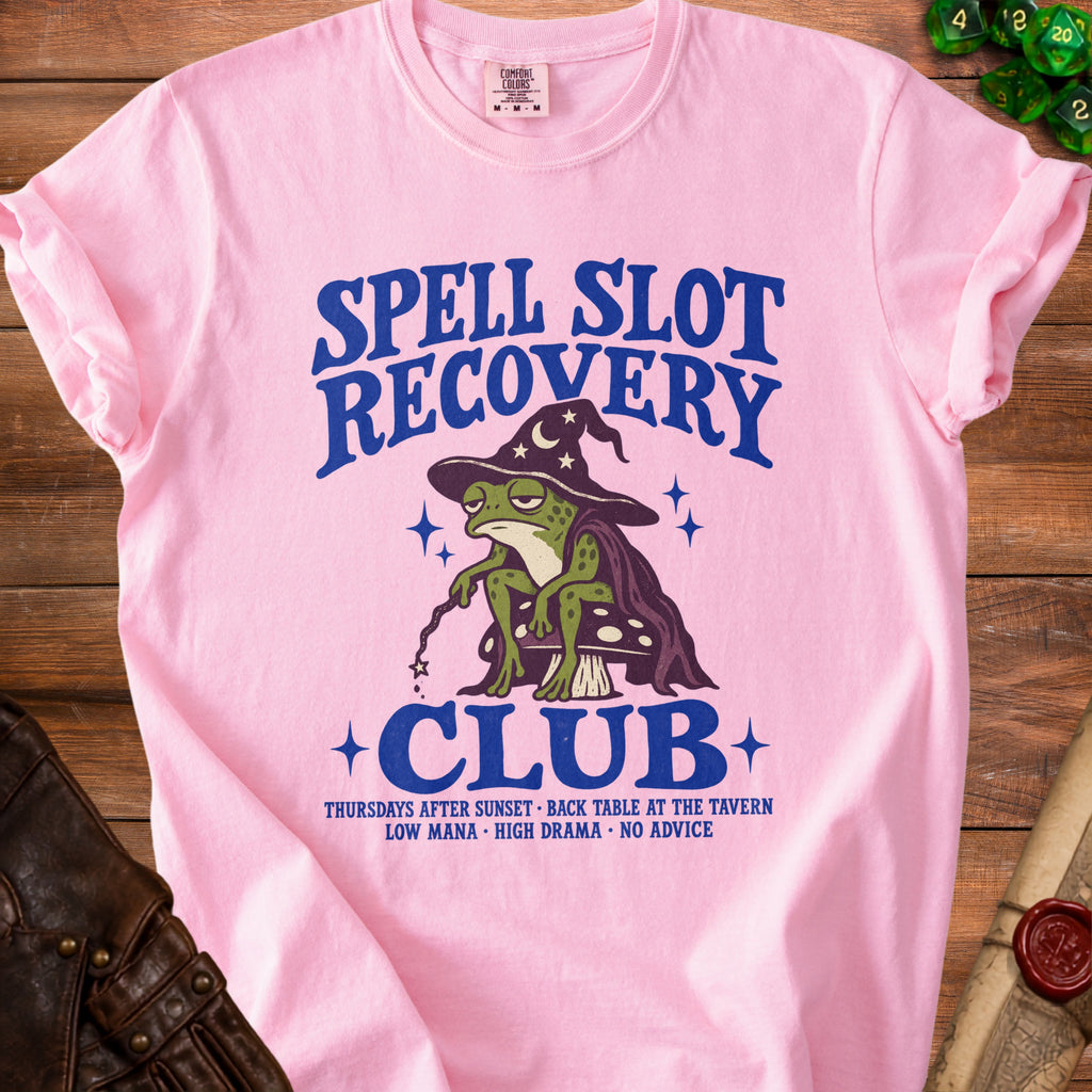 Pink t-shirt with frog wizard graphic and "Spell Slot Recovery Club" text.