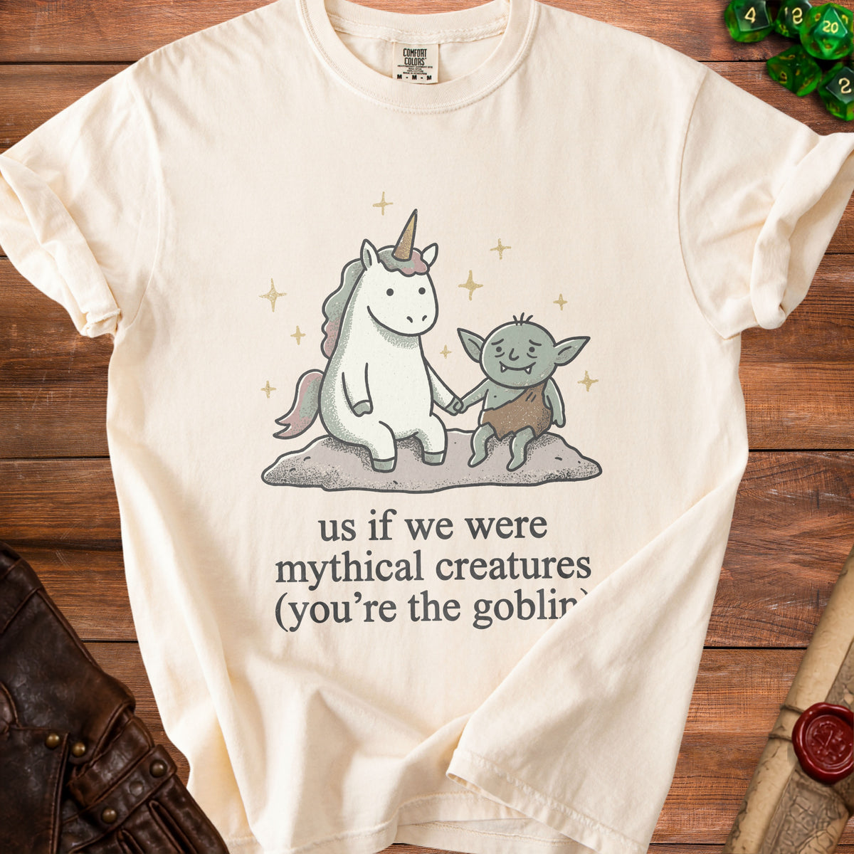 Unicorn and goblin holding hands with text "us if we were mythical creatures (you're the goblin)".