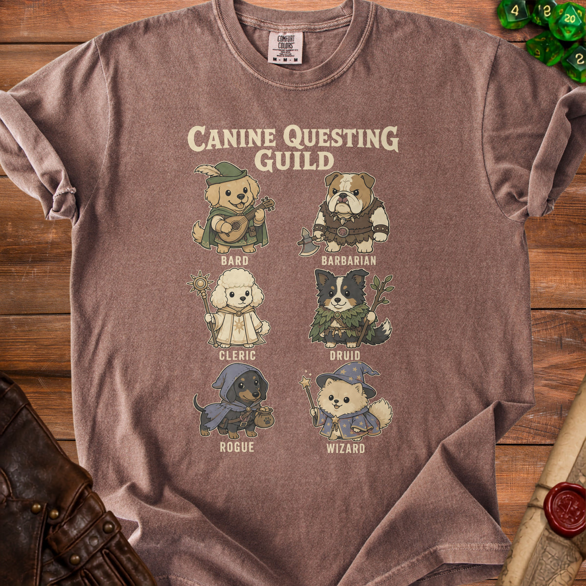T-shirt graphic of six dogs as Dungeons & Dragons characters: Bard, Barbarian, Cleric, Druid, Rogue, Wizard.