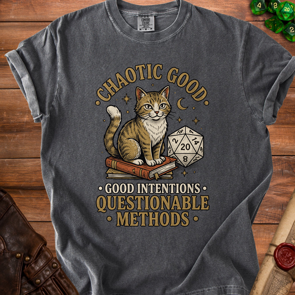 T-shirt with a cat sitting on books, D20 die, and text "Chaotic Good Good Intentions Questionable Methods".