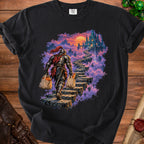 Knight carrying groceries up a stone staircase towards a fantasy castle in clouds.