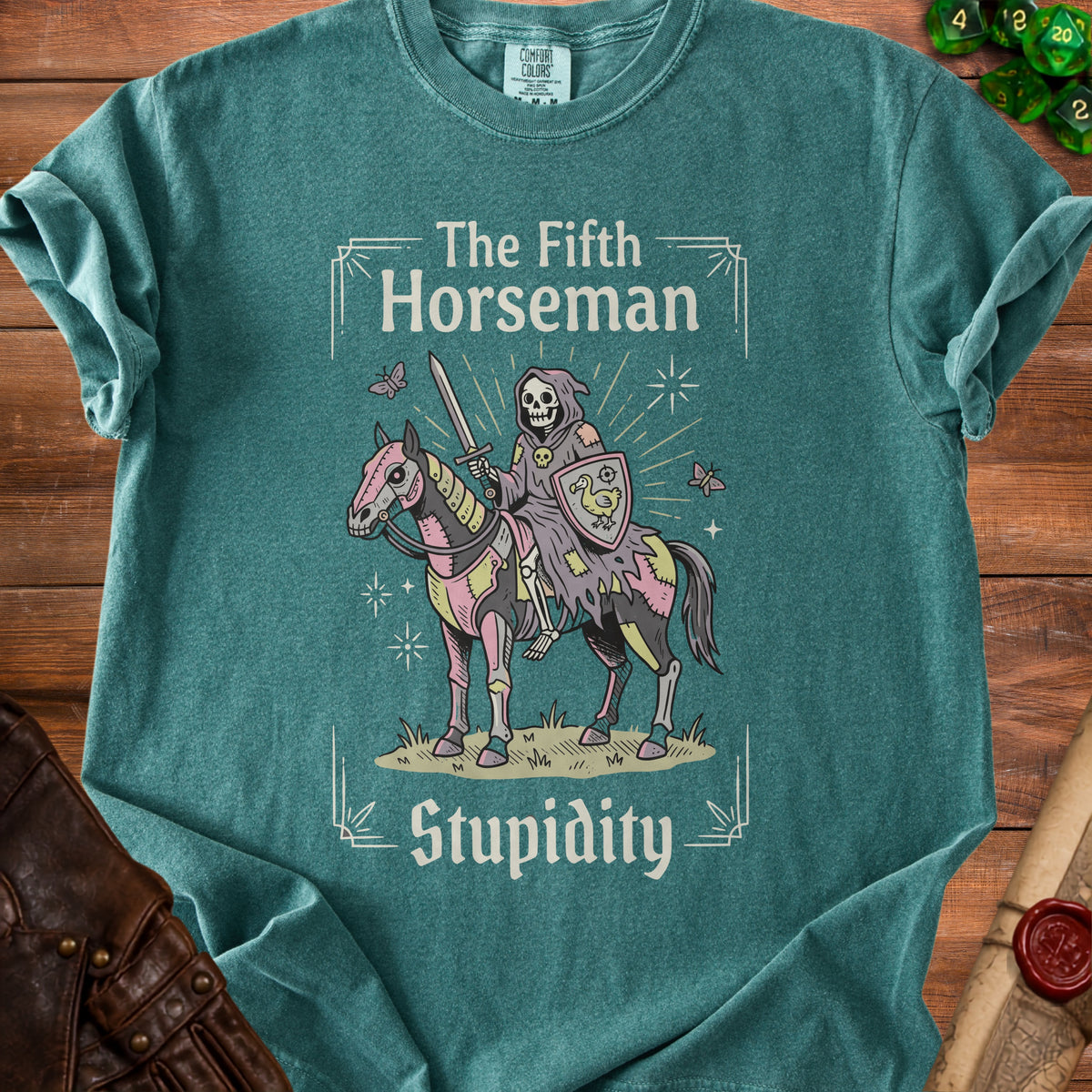 The Fifth Horseman Stupidity t-shirt features a grim reaper on horseback.