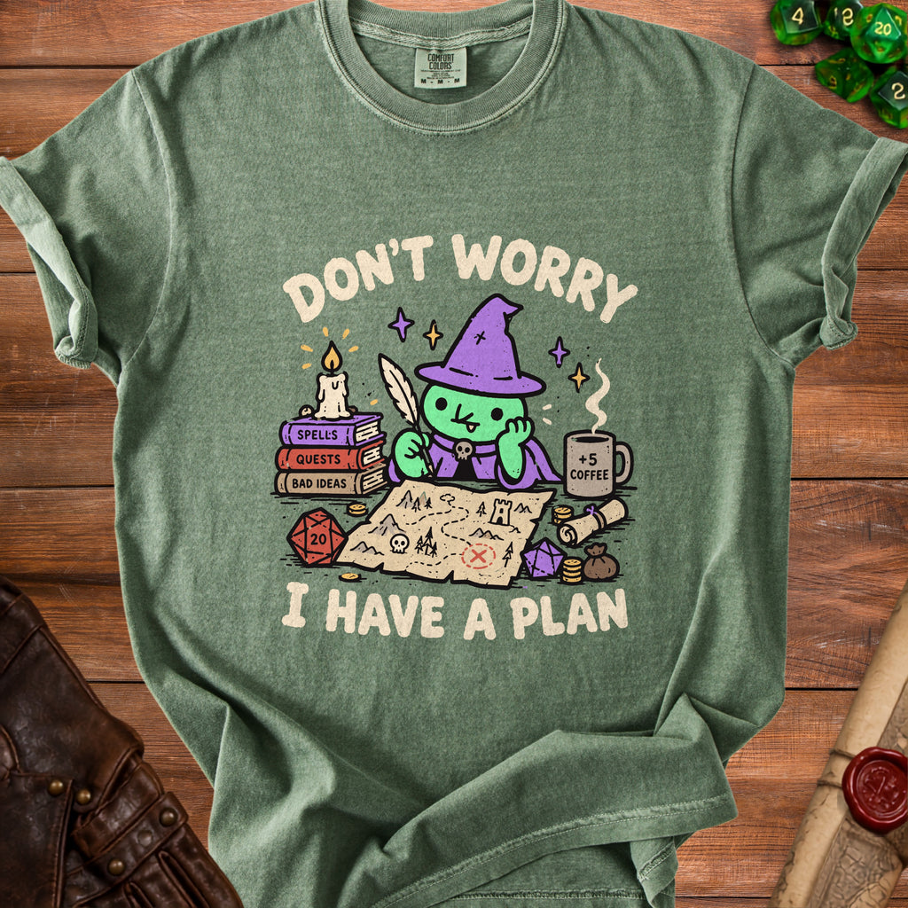 Green t-shirt with cartoon witch and map text "Don't Worry I Have a Plan."
