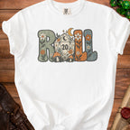 White t-shirt with "Roll" text design featuring a 20-sided die and floral elements.