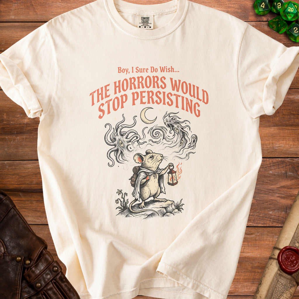 Cream t-shirt with a mouse holding a lantern and quote "The Horrors Would Stop Persisting".
