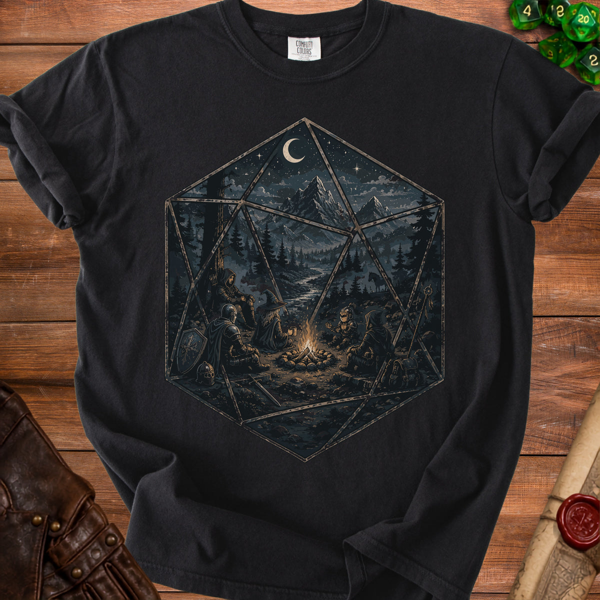 Black t-shirt featuring a D20 die with a fantasy landscape inside.