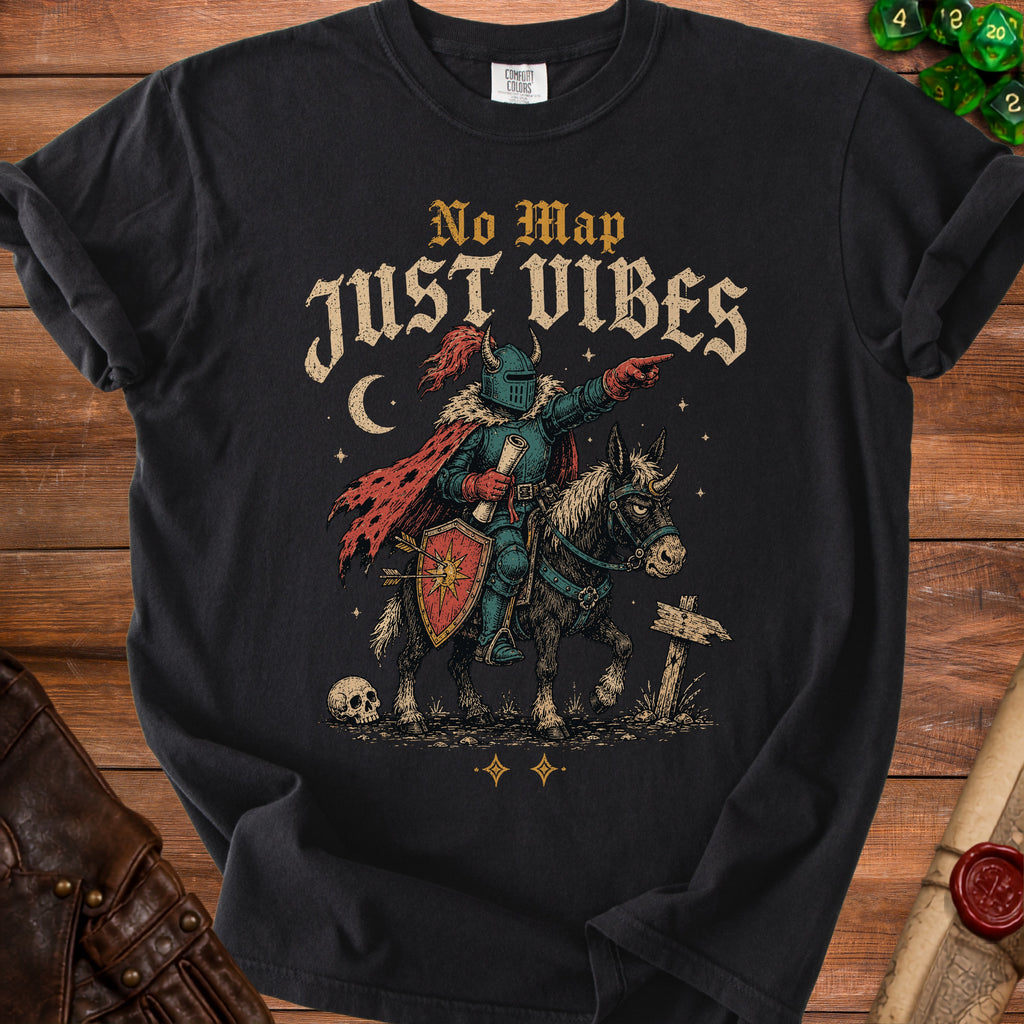 Black t-shirt with knight on horseback graphic and text "No Map Just Vibes".