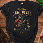 Black t-shirt with knight on horseback graphic and text "No Map Just Vibes".