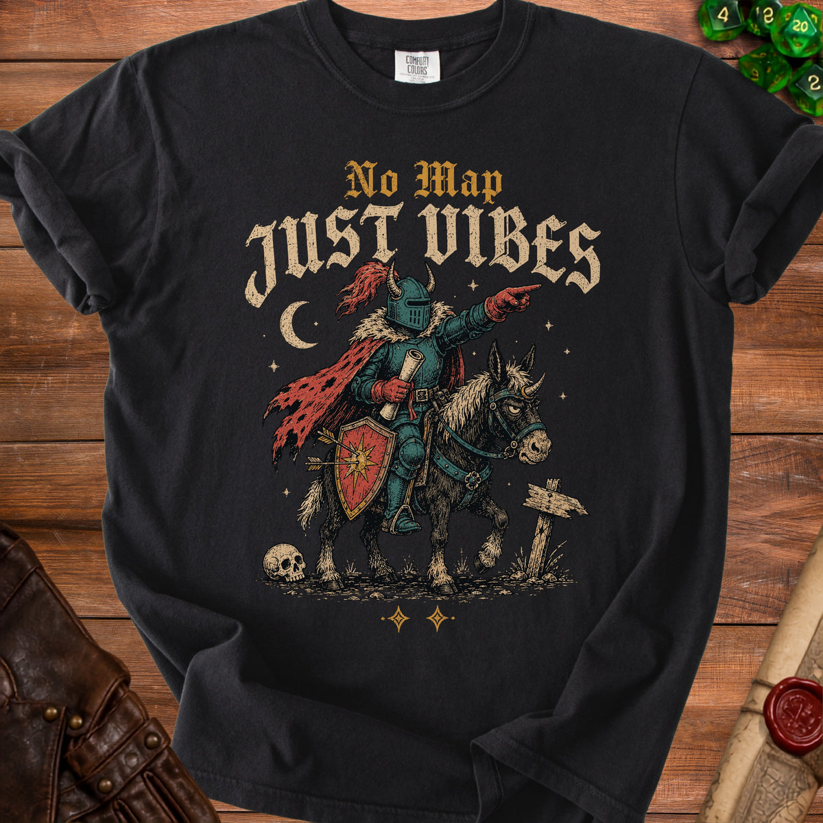 Black t-shirt with knight on horseback graphic and text "No Map Just Vibes".