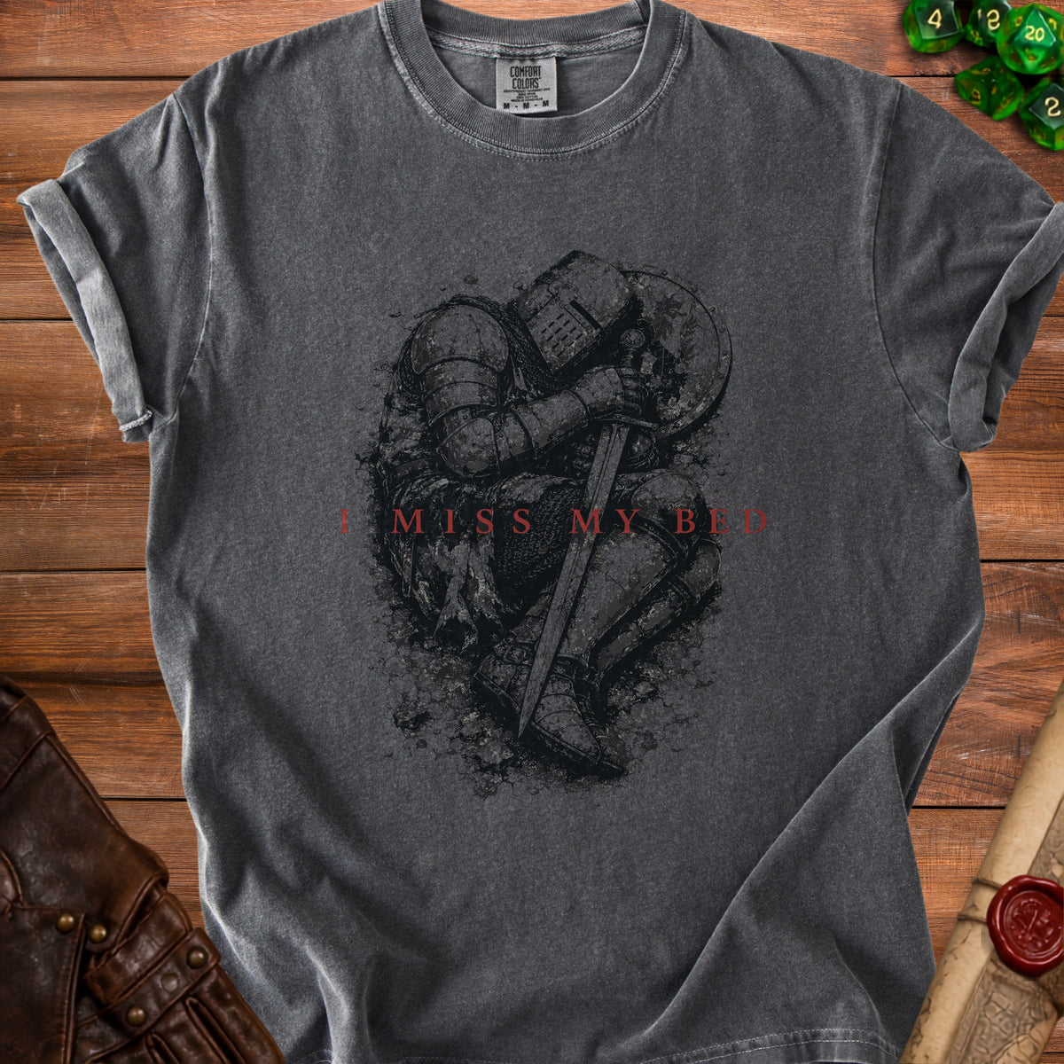 Dark grey t-shirt with distressed knight graphic and text "I MISS MY BED".
