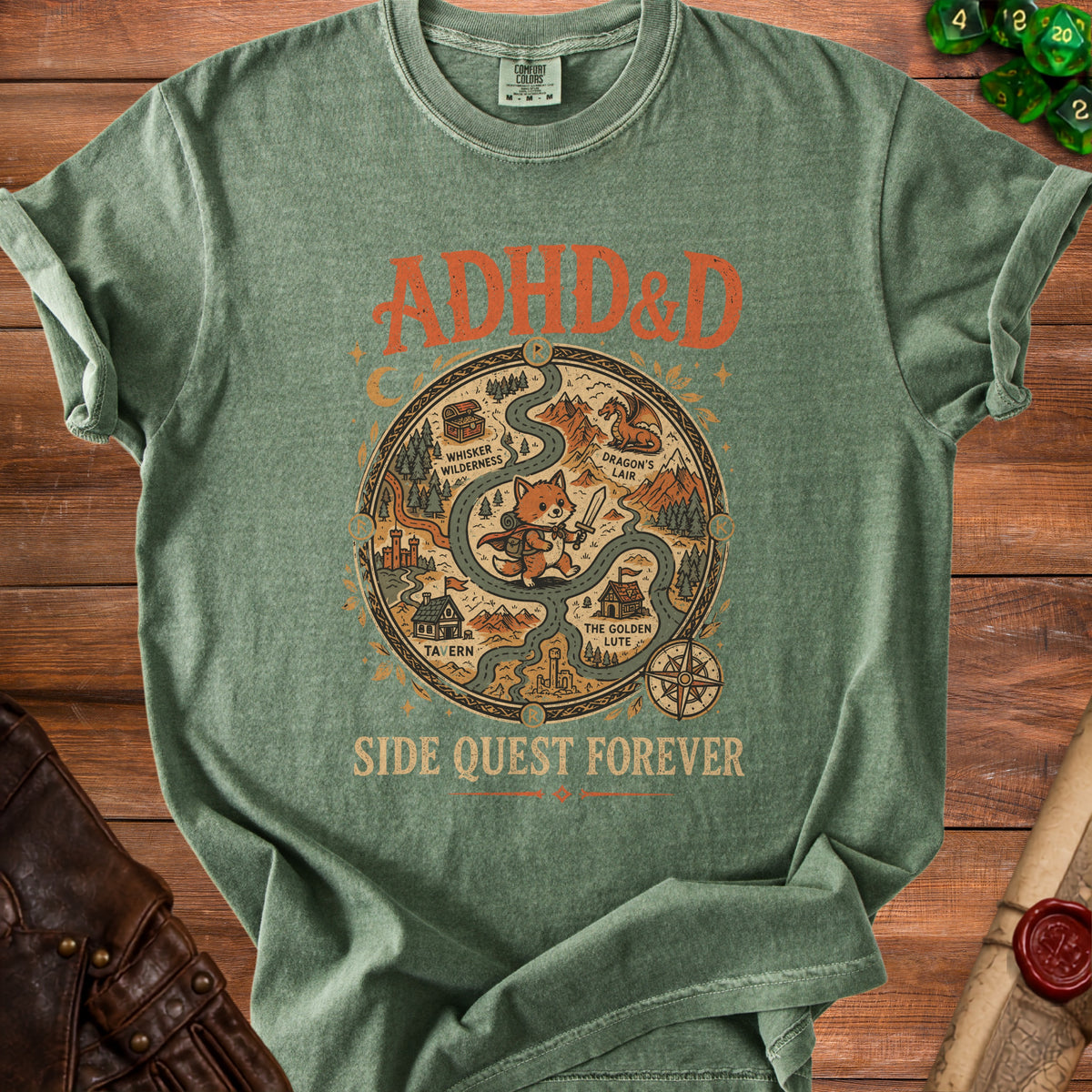 Green t-shirt with "ADHD & D" and a map featuring a fox with a sword, "Side Quest Forever" text.