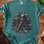 Green t-shirt with distressed knight armor graphic and text "I CANNOT GO ON".