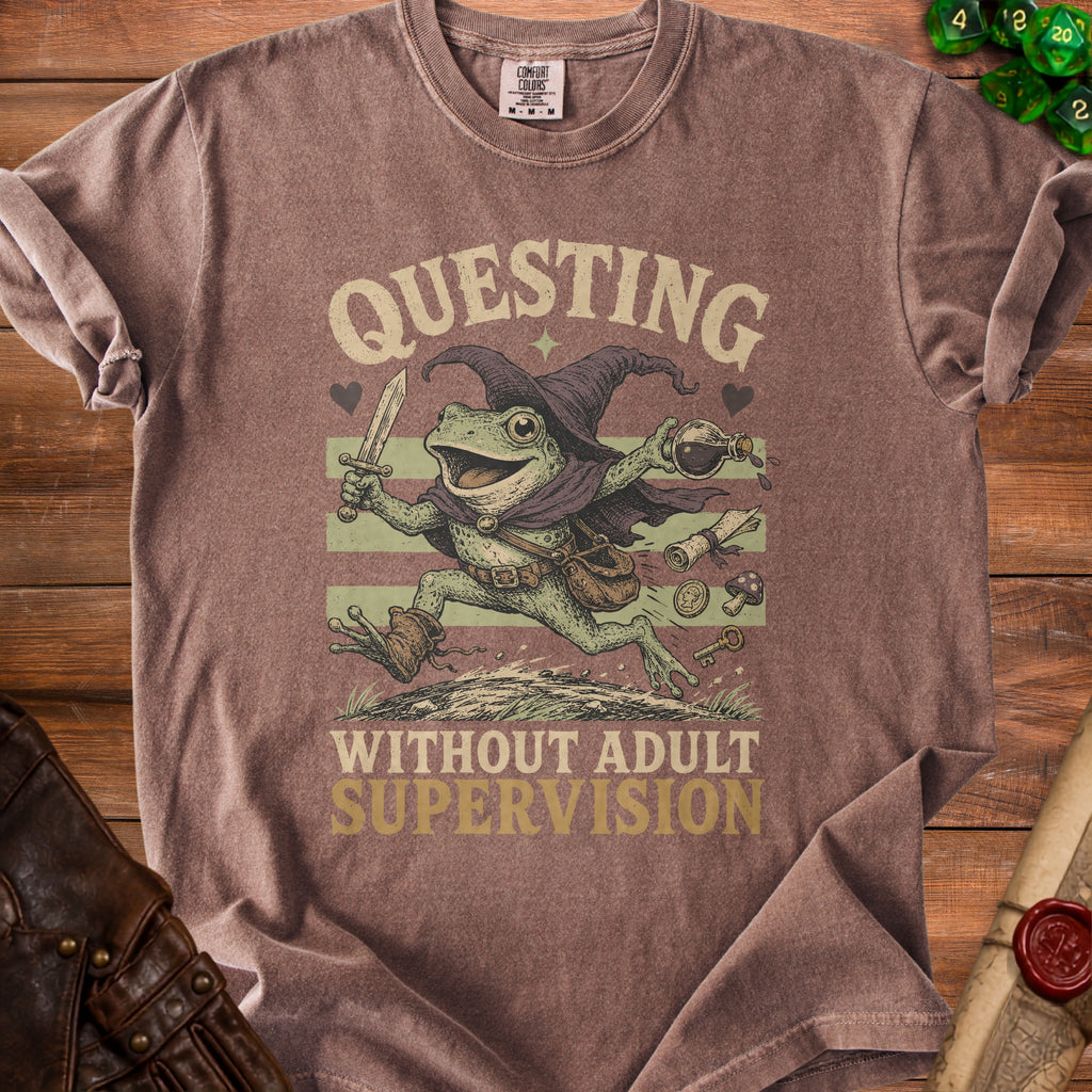 Questing frog wizard with sword and potion, text: Questing Without Adult Supervision.