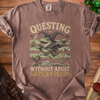 Questing frog wizard with sword and potion, text: Questing Without Adult Supervision.