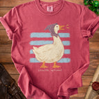 T-shirt with a goose wearing a bonnet and the text "stealth optional".